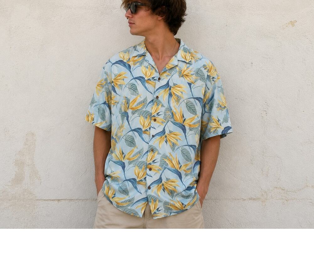 Reyn Spooner Hawaiian Shirt Mens XXL Blue Yellow Coastal Vacation Resort Golf